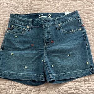 Seven7 Dark Blue Denim Shorts with Red, Yellow & Green Embroidery